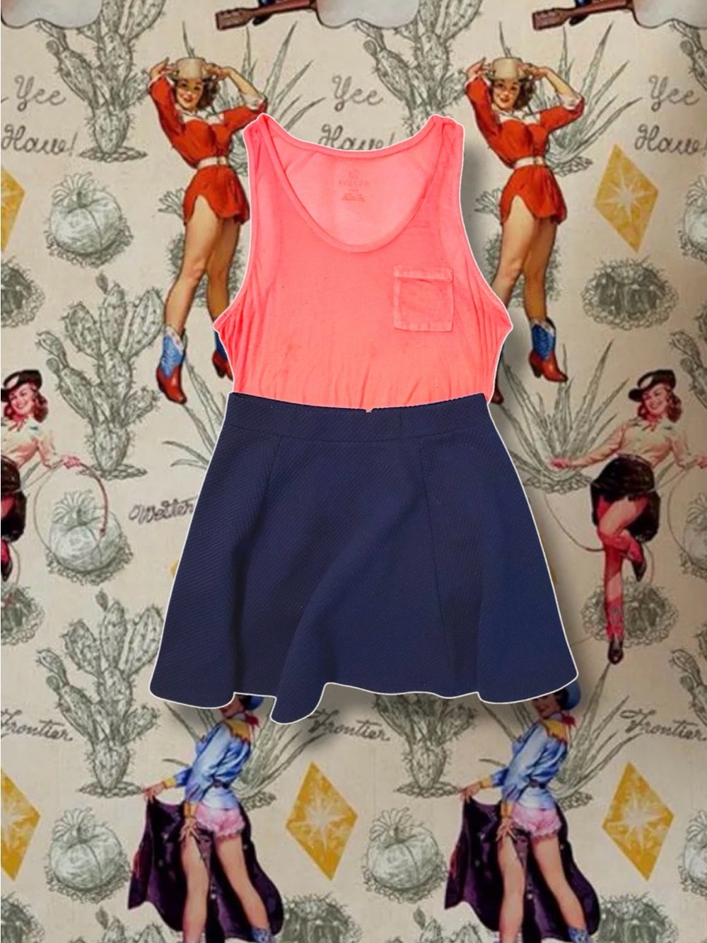 H&M Divided Navy Textured A-Line Skater Skirt with Coral tank top bundle